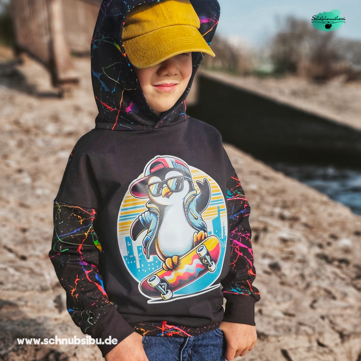 Bügelbild Pinguin auf Skateboard